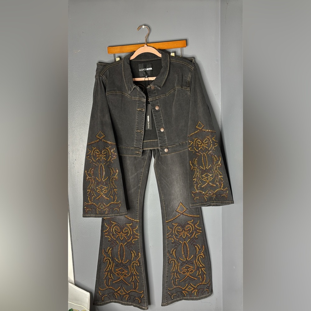 Fashion Nova Black Denim Two-Piece Jacket & Flare Set with Gold Stud Detail